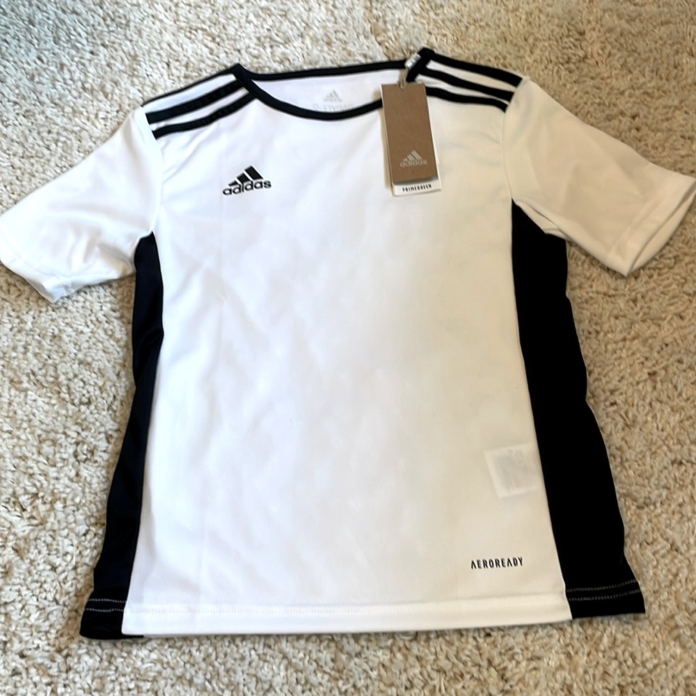 New adidas boy shirt small black white jersey football soccer